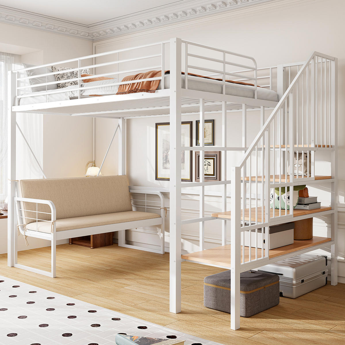 HOCHBETT 140/200 cm DE-01525, in Weiß, mit Polstersofa, Stauraum und Sicherheitstreppe - Weiß, Metall (140/200cm) - ComfortXL