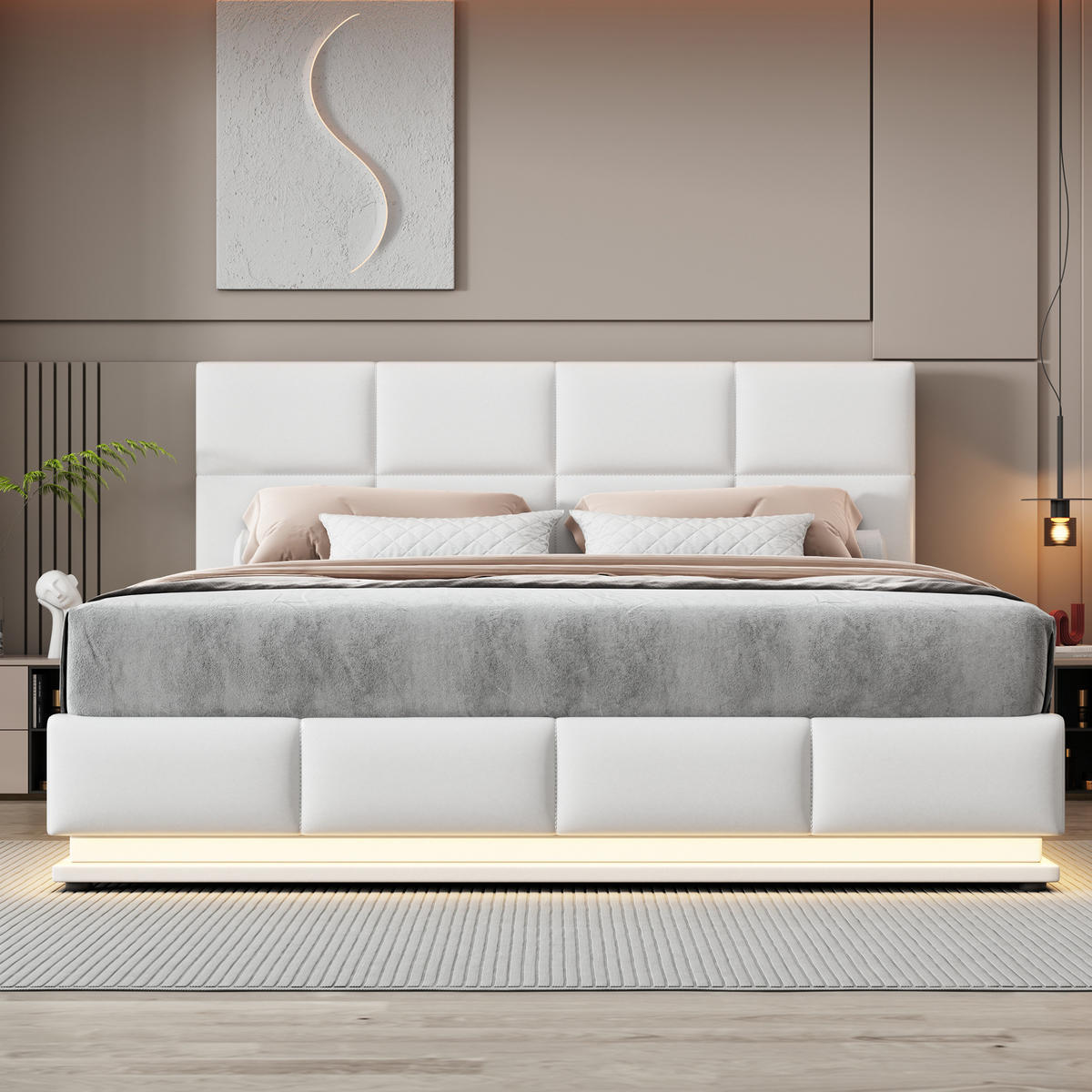ČALÚNENÁ posteľ 180/200 cm s LED osvetlením a hydraulickým úložným priestorom, výškovo nastaviteľné čelo, Biela - biela, textil (180/200cm) - Redom