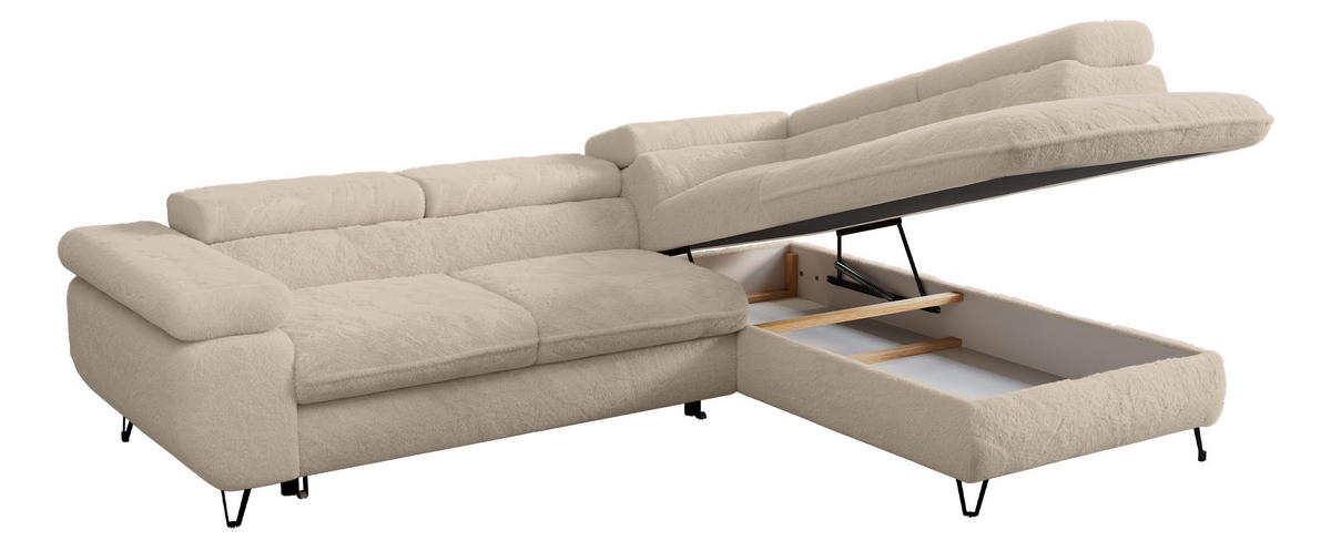 ECKSOFA PETER L Dunkelgrau Plüsch - Rechts Seite - Ecru/Schwarz, Textil/Metall (273/208cm) - MKS