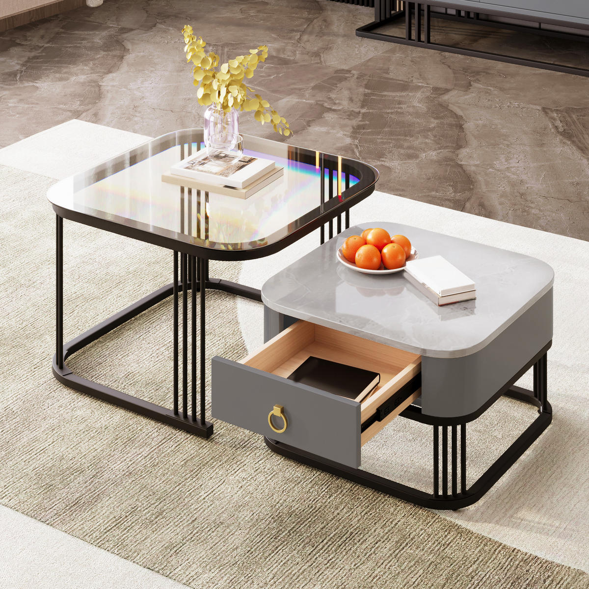 COUCHTISCH 2er-Set Marmoroptik mit Glasplatte und Schubladen - Schwarz, Holzwerkstoff (60/60/42cm) - Korfee