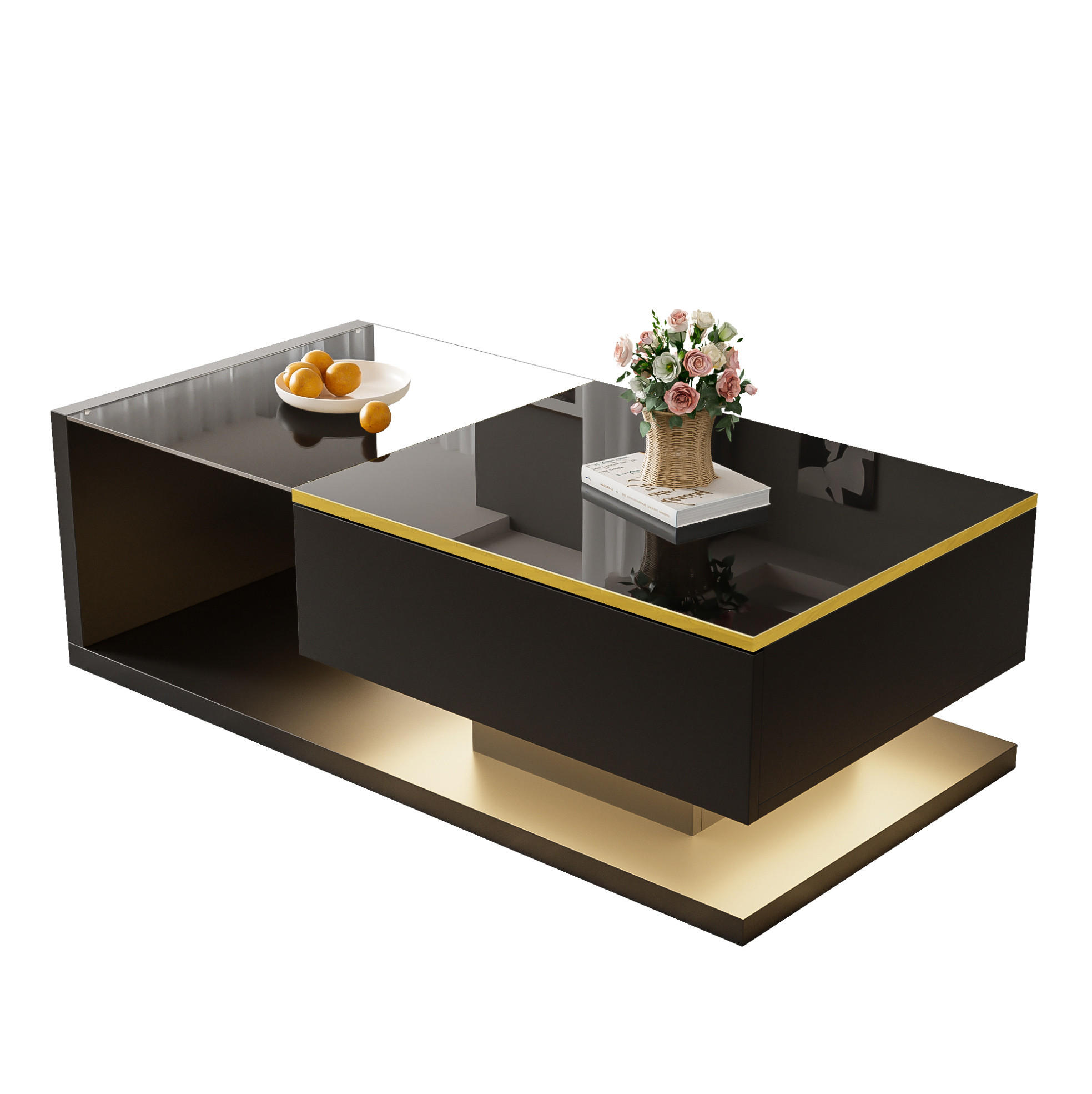 COUCHTISCH 100/50 cm Schwarz aus Spanplatte mit Glas und LED-Beleuchtung - Schwarz, Holzwerkstoff (100/50/32.5cm) - OKMYHOME