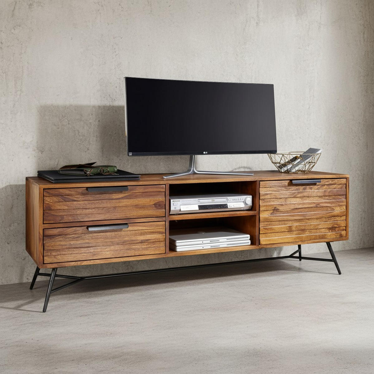 LOWBOARD Massivholz Industrial Stil 160x54x40 cm Modell NISHAN - Schwarz/Braun, Holz/Metall (160/54/40cm) - KADIMA DESIGN