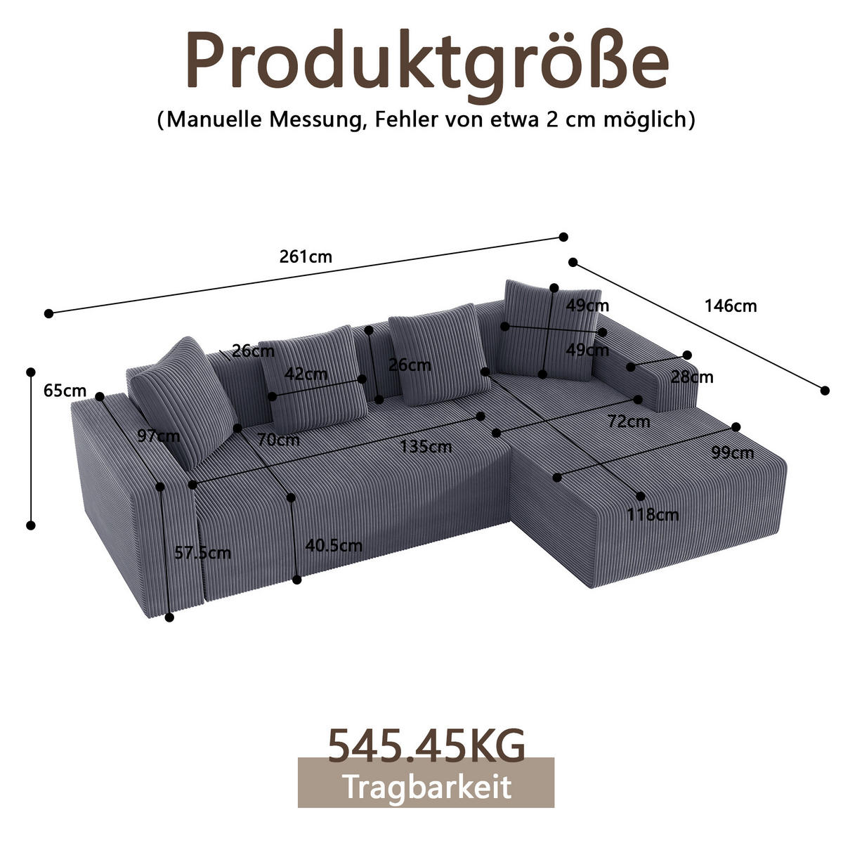 ECKSOFA 261/146/65 cm grau aus Cord mit Liegefunktion - Grau, Textil (146/261cm) - OKWISH