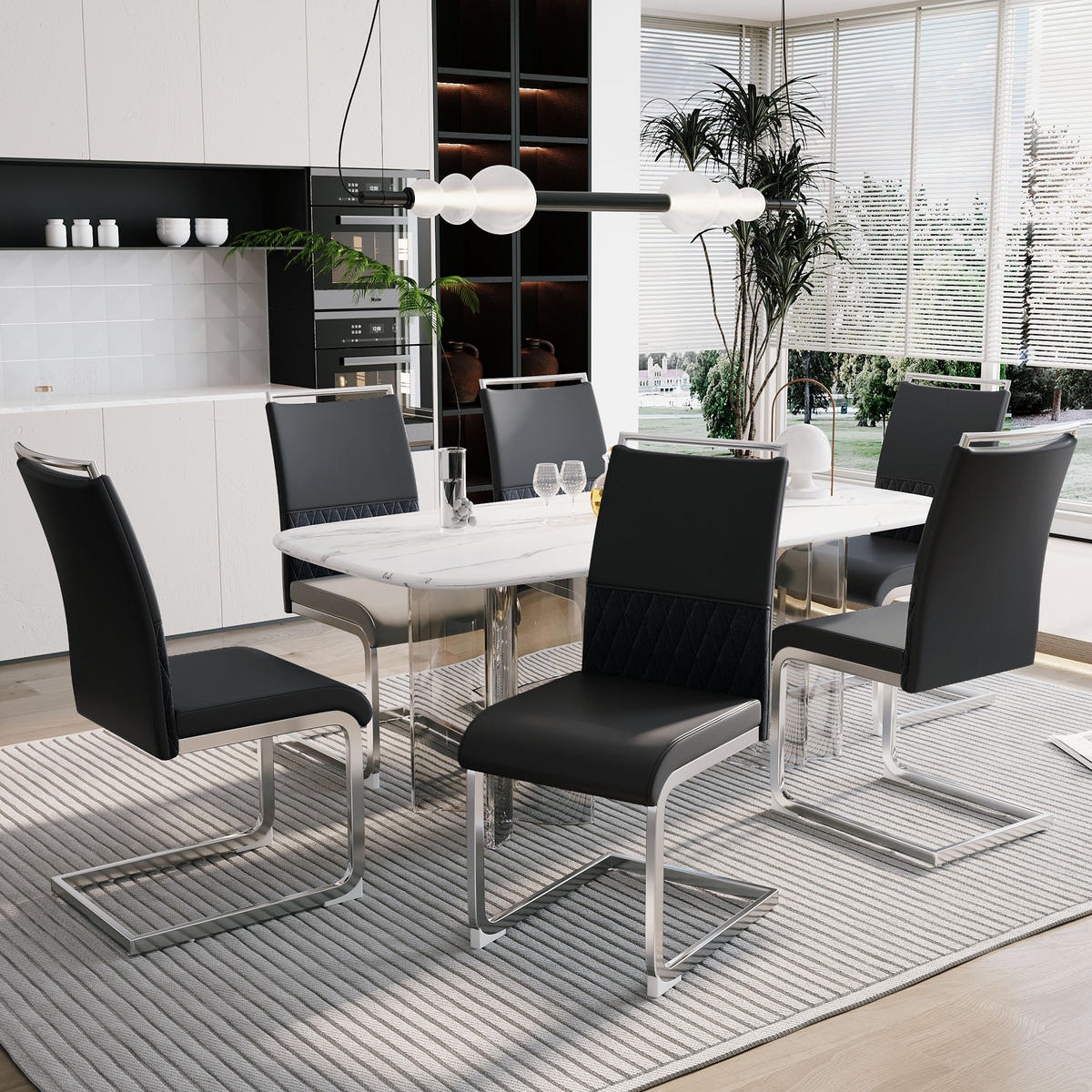 STUHL 6er Set mit ergonomischer Rückenlehne, Kunstleder & Leinen Bezug, 7 cm dicker Sitzpolsterung und Fußpolstern im modernen Design, schwarz - Schwarz, Metall (48/95/42cm) - Luhomfu