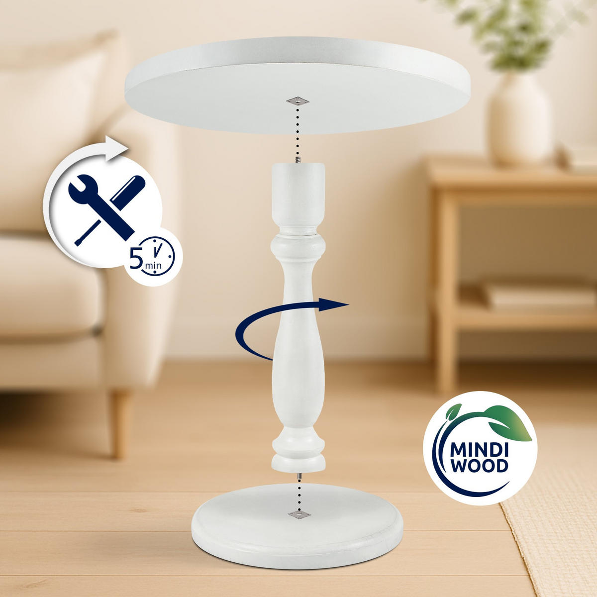 BEISTELLTISCH rund 50 cm Holz Antik Weiß - Weiß, Holz (50/50/60cm) - CLP