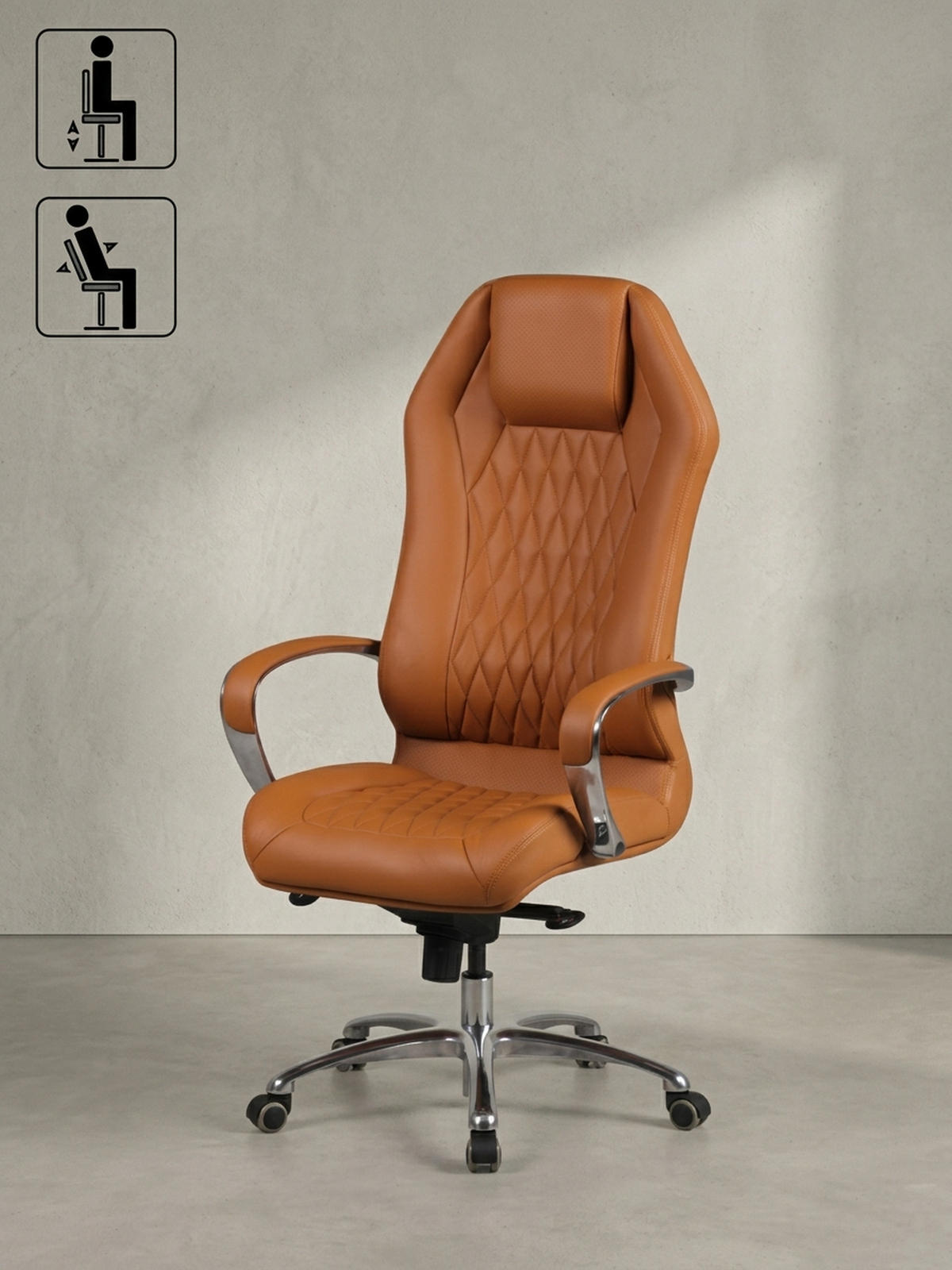 CHEFSESSEL Echtleder mit Multiblockwippmechanik, Lendenwirbelstütze und Aluminiumfußkreuz MILANO, Beige 70x67x136 cm - Beige/Silberfarben, Leder/Metall (70/136/67cm) - KADIMA DESIGN