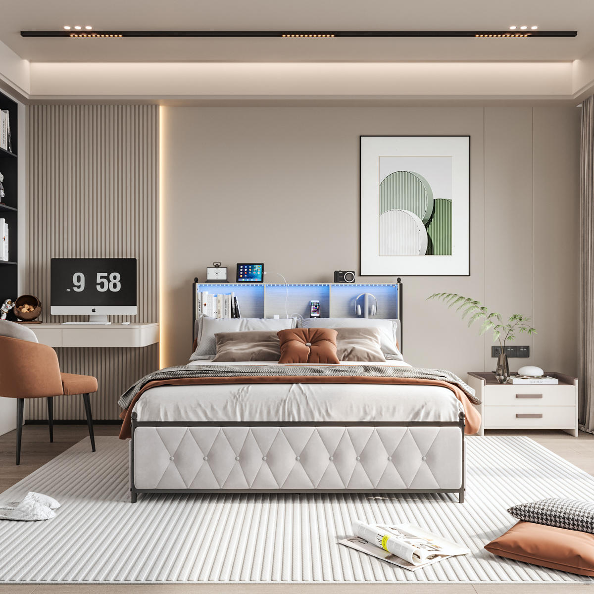 POLSTERBETT 160x200 cm LED 4 Schubladen USB Type C beige - Beige, Holz (160/200cm) - LEBENLANG