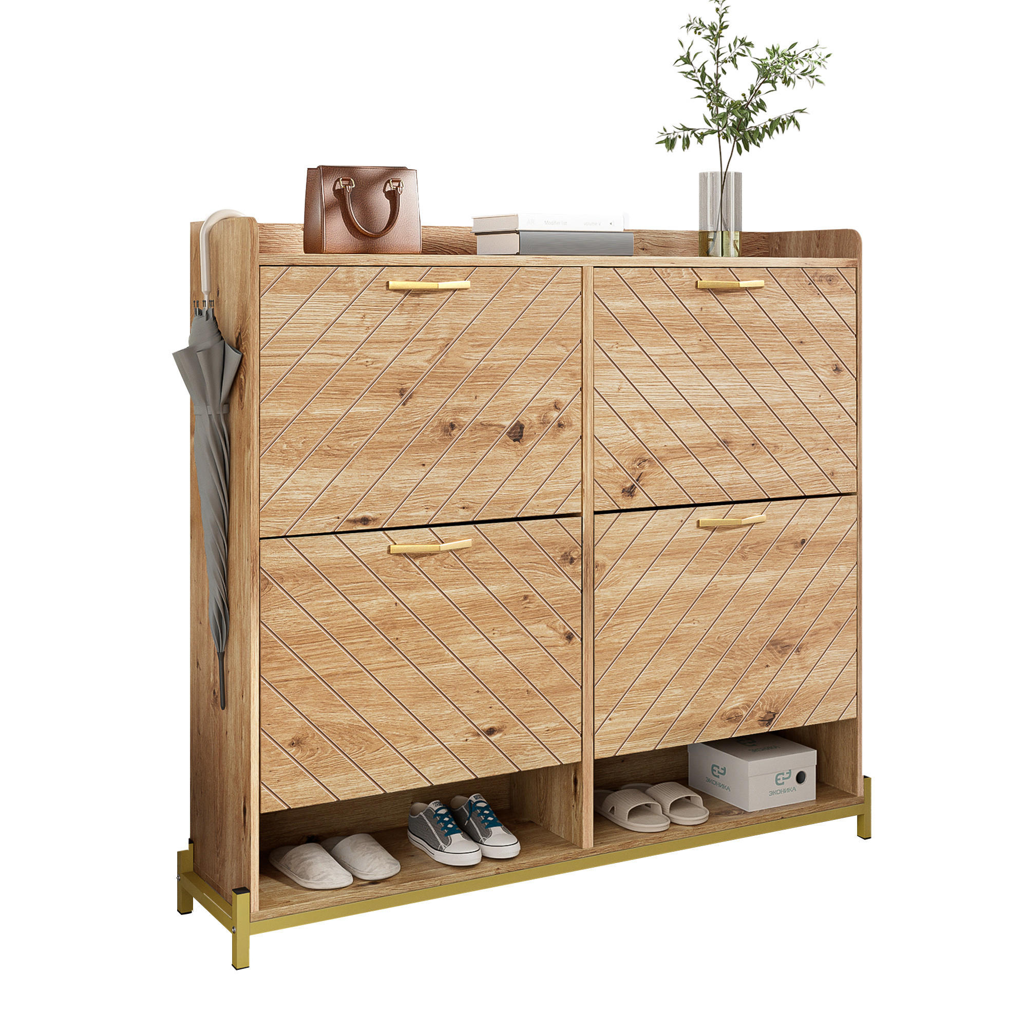 SCHUHSCHRANK 108,5/24/100 cm in Holzoptik mit 4 Türen und Metallfüßen - Naturfarben, Holzwerkstoff (108.5/100/24cm) - Flora Grace