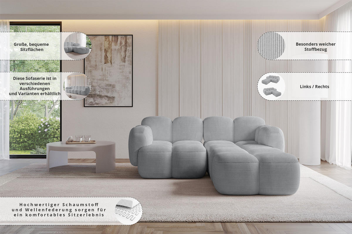 ECKSOFA modulares Sofa Rechts Miko-L1 214x205x75 Rosa Cord - Schwarz/Rosa, Holzwerkstoff/Kunststoff (214/205cm) - ALTDECOR