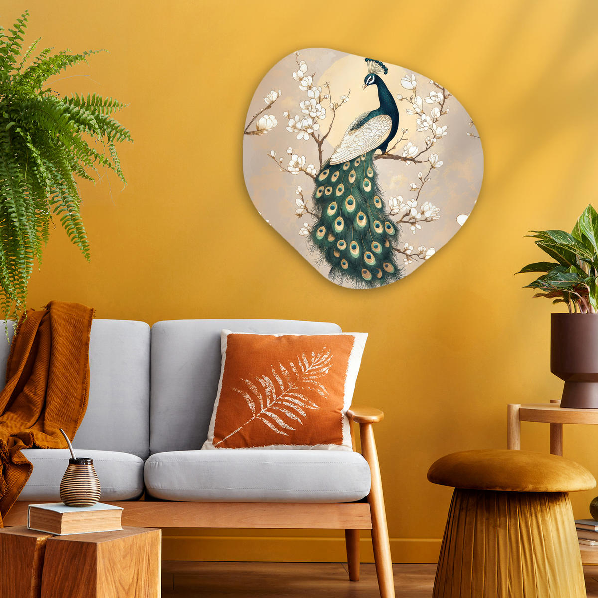 WANDBILD Pfau - Zweig - Blumen 60x60 cm - Champagner, Kunststoff (60/60cm) - MuchoWow