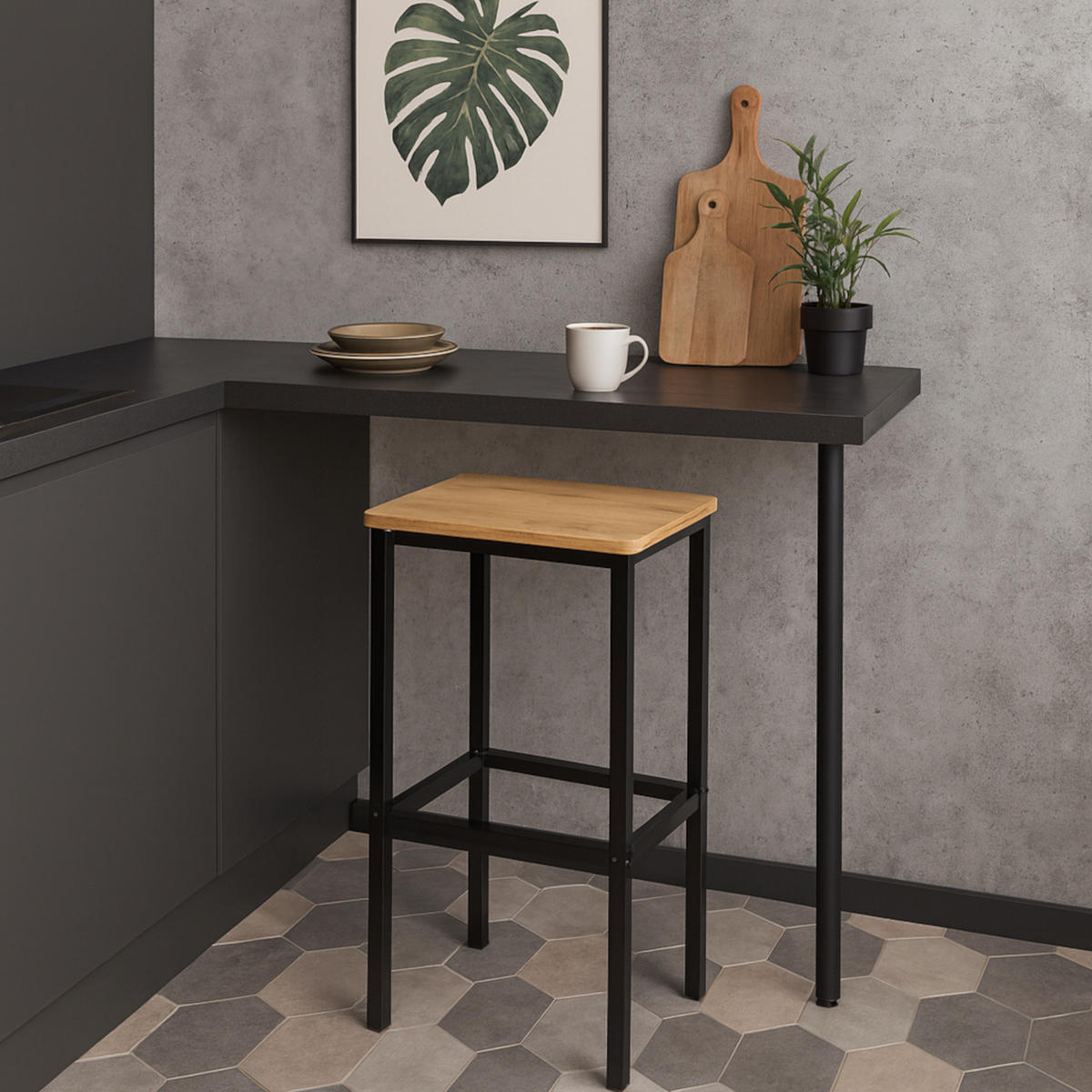 BARHOCKER Holzoptik Metall Eichefarben Schwarz stabil 65 cm - Eichefarben, Holzwerkstoff/Metall (40/65/30cm) - Begryf