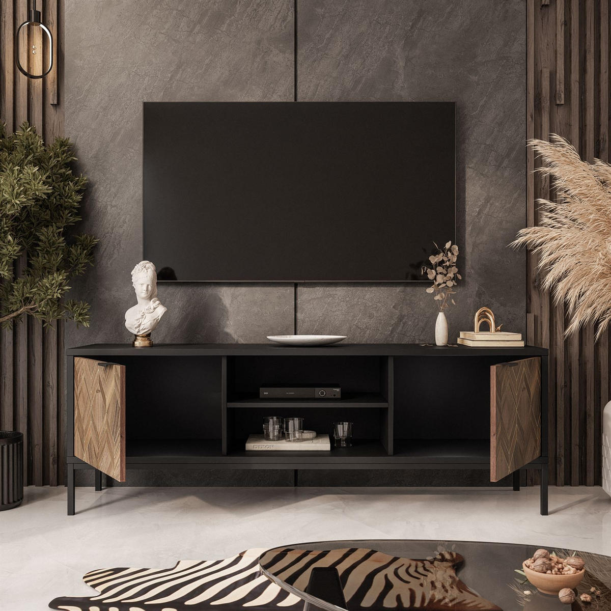 TV Element LIAM mit Ablagen - Schwarz, Holzwerkstoff (160/56/41cm) - Lookway