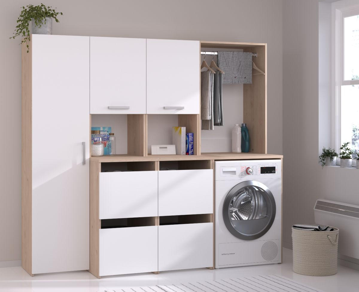 WASCHMASCINENSCHRANK weiß, Eiche Jackson, Umbauschrank Set 3-teilig 204 cm mit viel Stauraum - Eichefarben/Silberfarben, Holzwerkstoff/Kunststoff (204/184/67cm) - Parisot Meuble