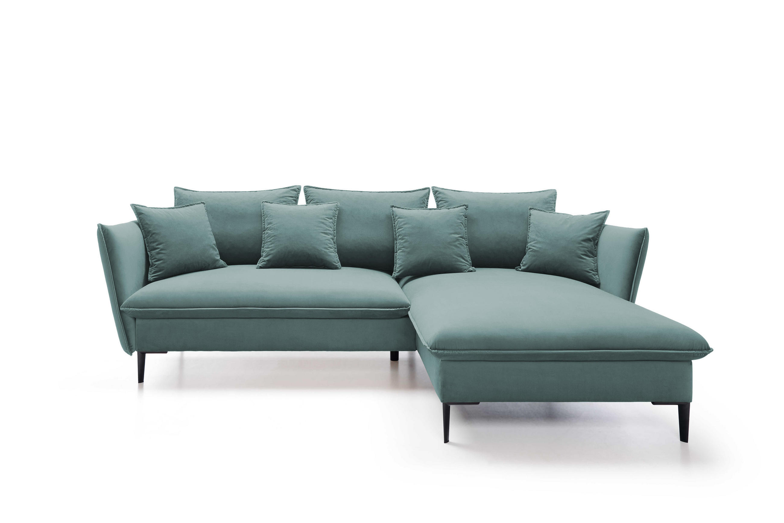 ECKSOFA GLOSS mit Schlaffunktion, Ottomane & goldenen Füßen – Samtsofa im GLOSSour-Stil mit Zierkissen, 258x167x91 cm, Rechte, BLAU - Hellgrau, Holz/Textil (258/167cm) - DomoHome