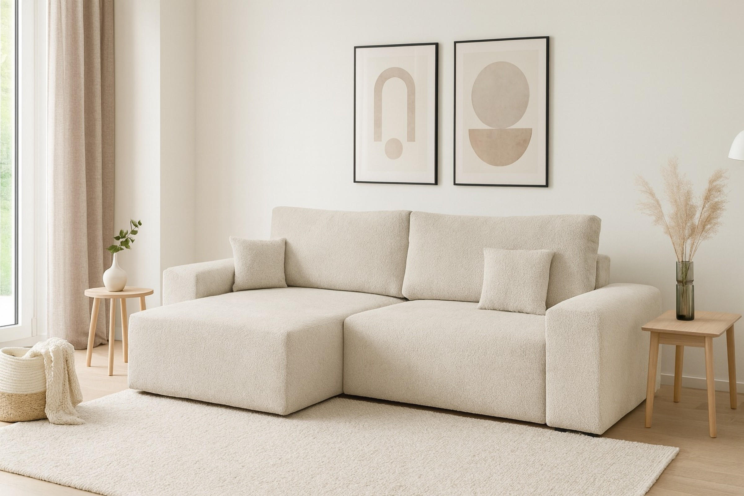 ECKSOFA MILKY 255/148 in Bouclé Creme links - Creme, Holz/Holzwerkstoff (255/148cm) - Deine Möbel 24