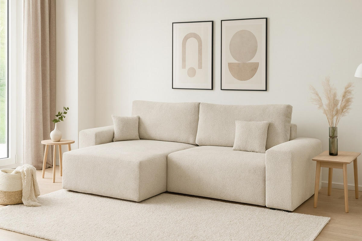 ECKSOFA MILKY 255/148 in Bouclé Creme links - Creme, Holz/Holzwerkstoff (255/148cm) - Deine Möbel 24
