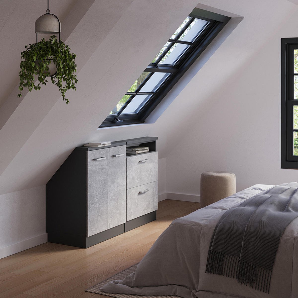 KUCHYŇSKÁ SKŘÍŇKA POD ŠIKMOU STŘECHU R-Line Beton/antracit - šedá/antracitová, kompozitní dřevo (120/81.6/46cm) - Vicco