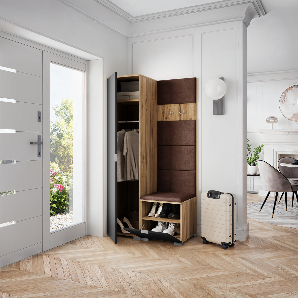 GARDEROBENSCHRANK LORI 95/181/51 cm Modern Garderobe-Set Eiche Wotan - Eiche Wotan/Schwarz, Holzwerkstoff (95/181/51cm) - MASSENO