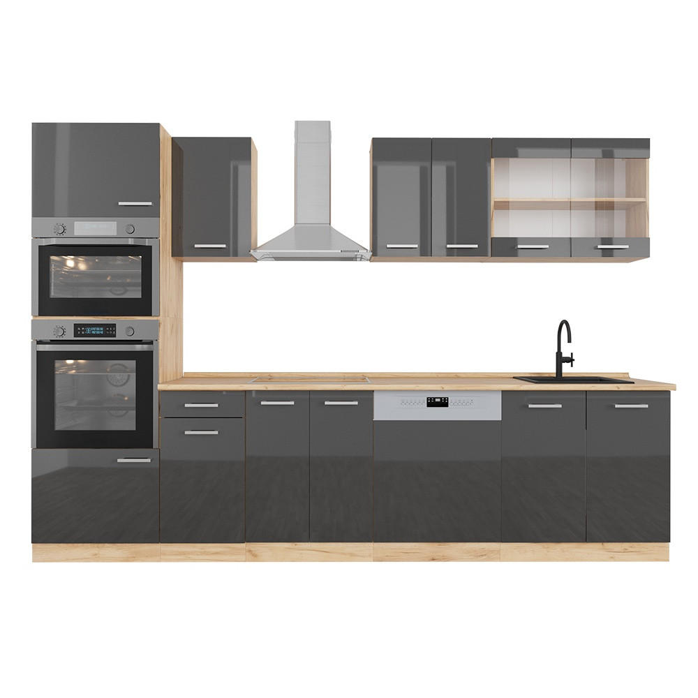 KUCHYNSKÝ KÚT R-Line Antracit vysoký lesk/dub Goldkraft 300 cm s vysokou skriňou, dub AP - dub medový/čierna s vysokým leskom, kompozitné drevo (300/206.8/60cm) - Vicco