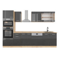 PENTRY R-Line Antracit högblank/Goldkraft ek 300 cm med högskåp, AP ek - Honungsek/Svart högglans, Träbaserade material (300/206.8/60cm) - Vicco