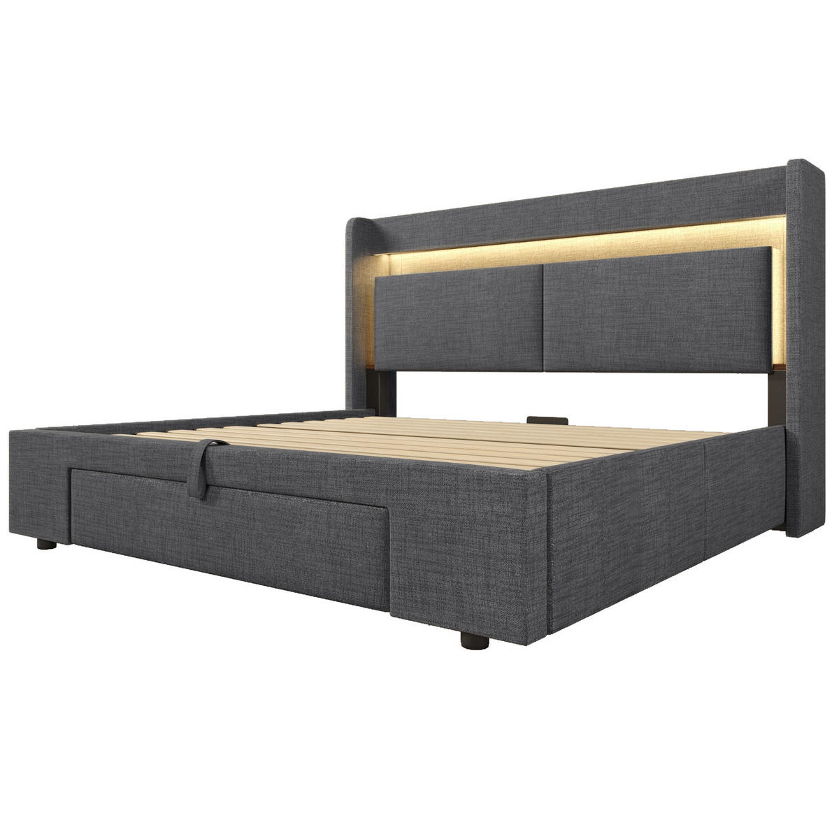 POLSTERBETT aus Leinen 160x200 cm Grau mit LED, USB-/USB-C-Anschlüssen und hydraulischem Stauraum - Grau, Textil (160/200cm) - IVMEU