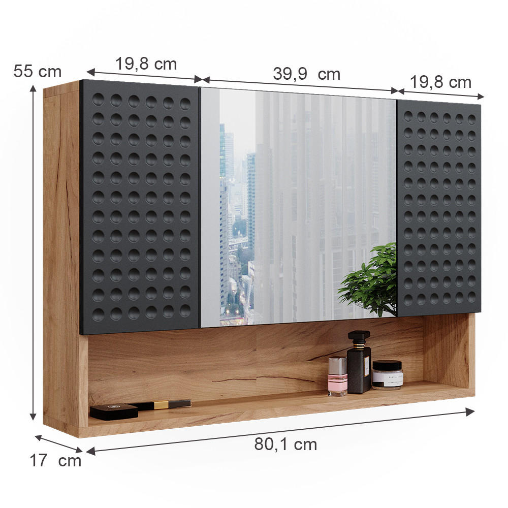 Thumbnail - Vicco Badspiegelschrank, Anthrazit, Holzwerkstoff, 7 Fächer, Rechteckig, 80.1x55x17 cm, Badezimmer, Badezimmerspiegel, S...