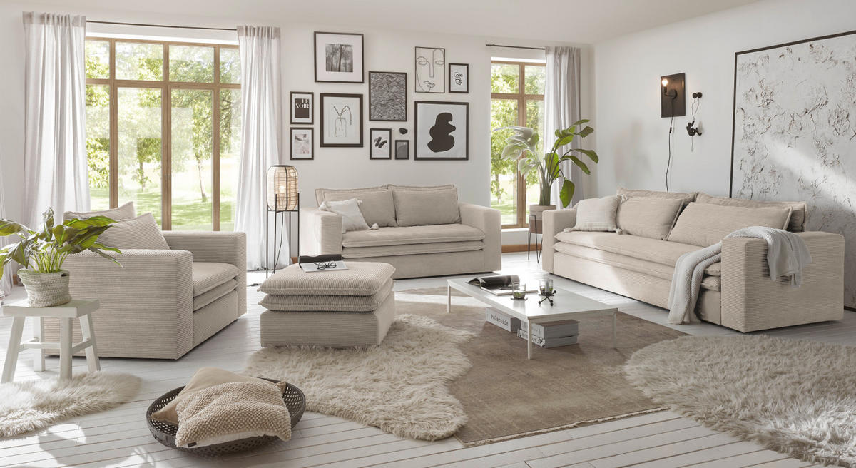 SOFA-SET beige Cord, Couch 2-Sitzer inklusive Hocker - Beige, Holz/Textil (180/83/161cm) - Furn.Design
