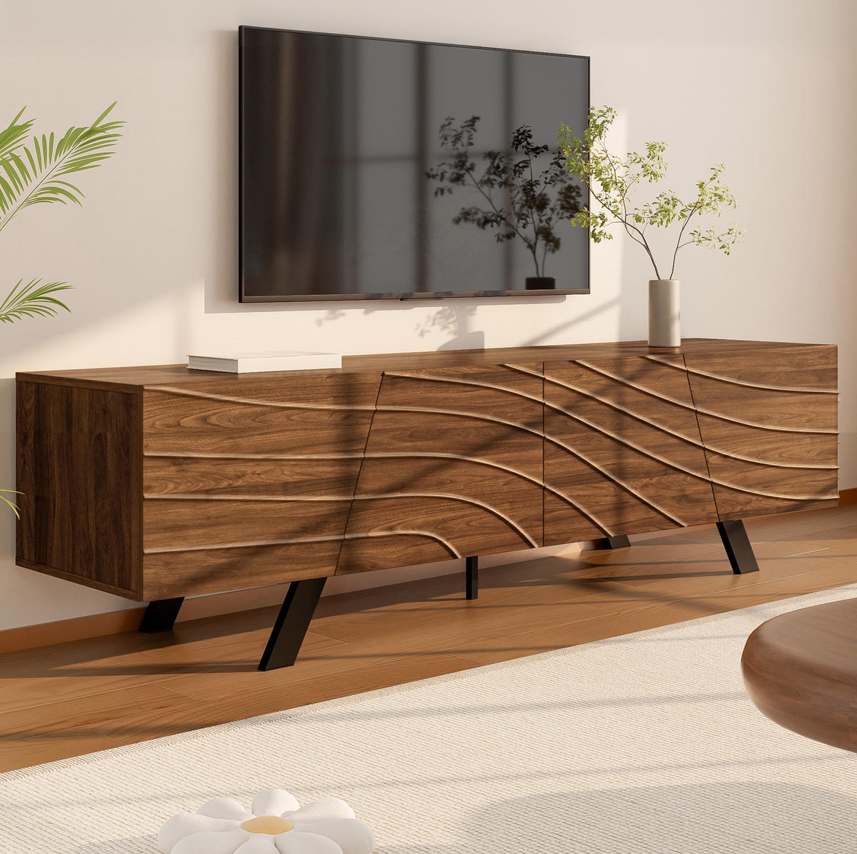 TV-SCHRANK in Walnuss-Look mit Wellenfront und Eisenbeinen 160/39/50.5 cm - Walnussfarben, Holzwerkstoff (160/50.5/39cm) - Redom