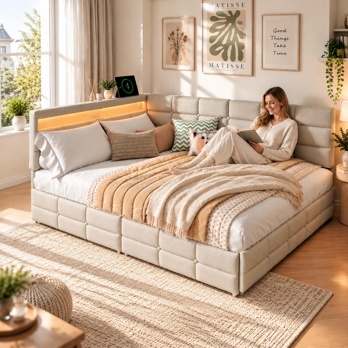 POLSTERBETT 140/190 cm, beiges Stoffbett mit LED-Kopfteil und Stauraum, modernes Einzel- und Jugendbett für Schlafzimmer - Beige, Holz/Metall (140/190cm) - Joyfair