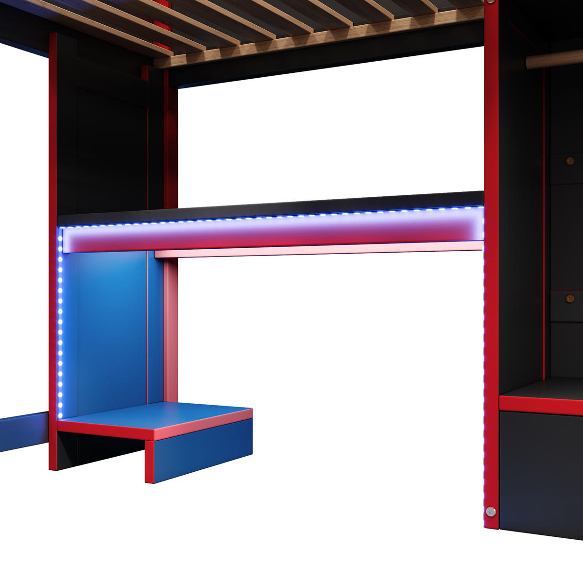 HOCHBETT 140x200 cm Schwarz/Rot mit Schreibtisch, Kleiderschrank und RGB-Beleuchtung - Schwarz, Holz (140/200cm) - IVMEU