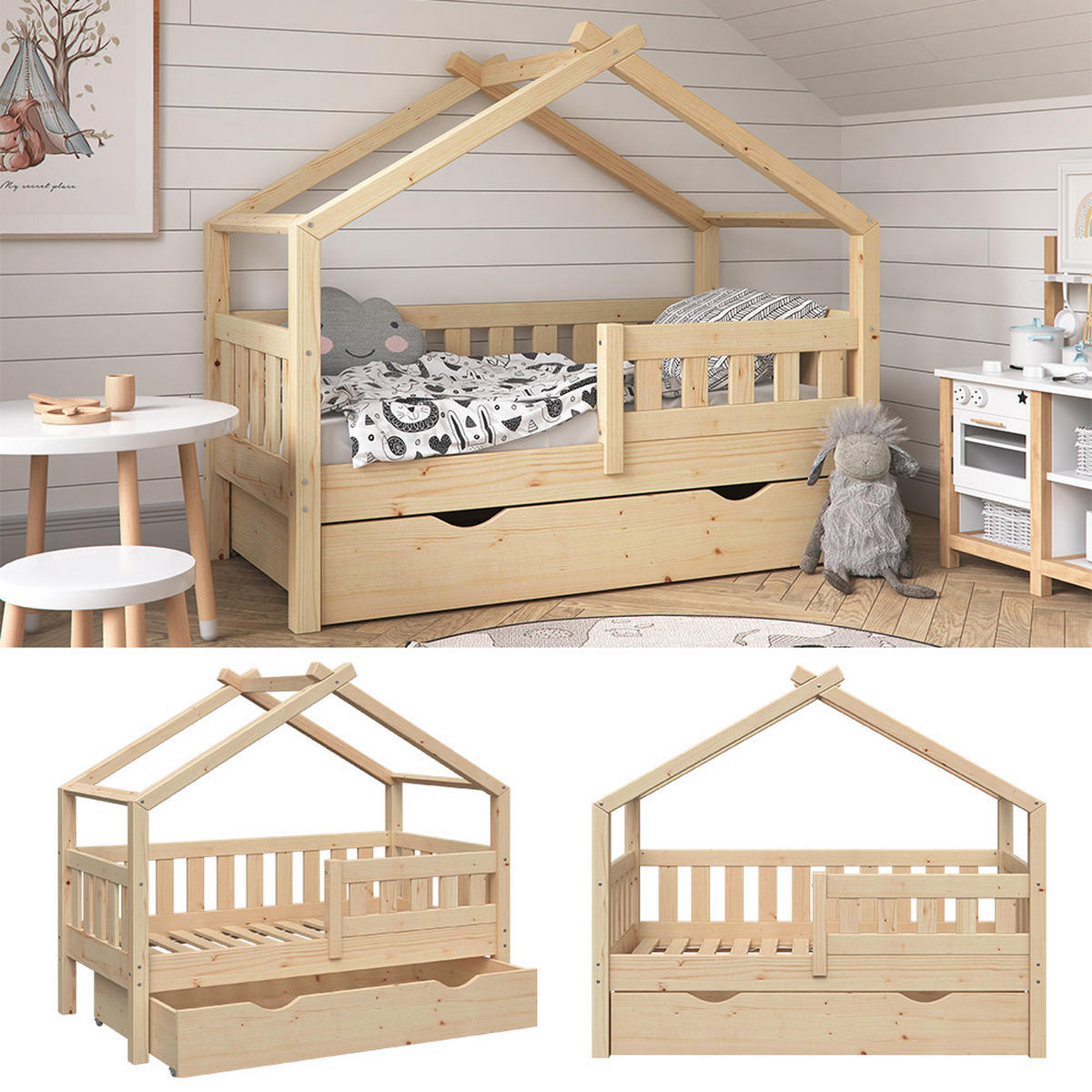 HAUSBETT Design Naturholz 70x140 cm mit Schublade - Braun, Holz (70/140cm) - VitaliSpa