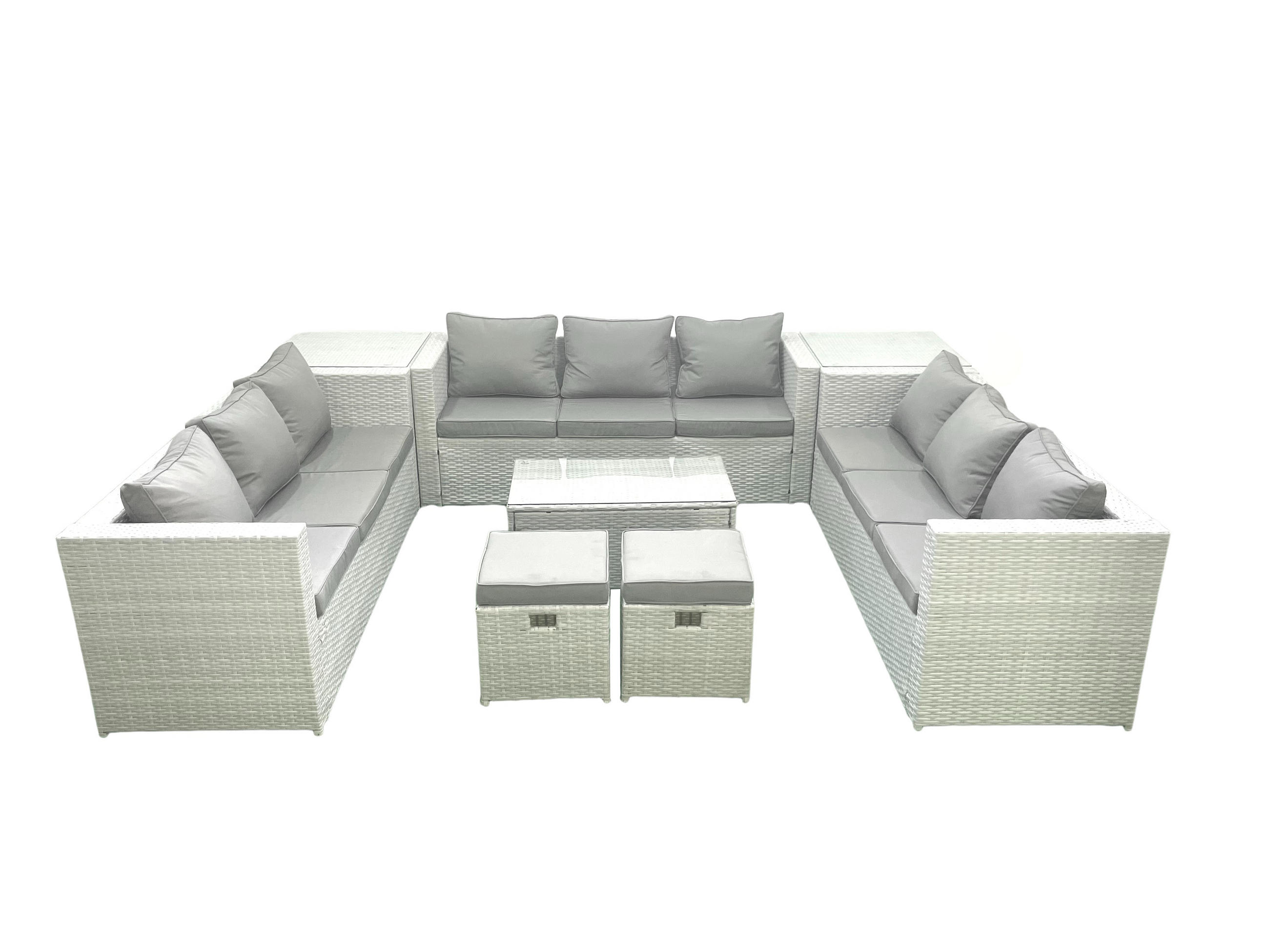 GARTENSET mit 3-SITZER SOFA,COUCHTISCH Polyrattan Hellgrau-Mix 11-Sitzer - Hellgrau/Grau, Glas/Kunststoff - Fimous
