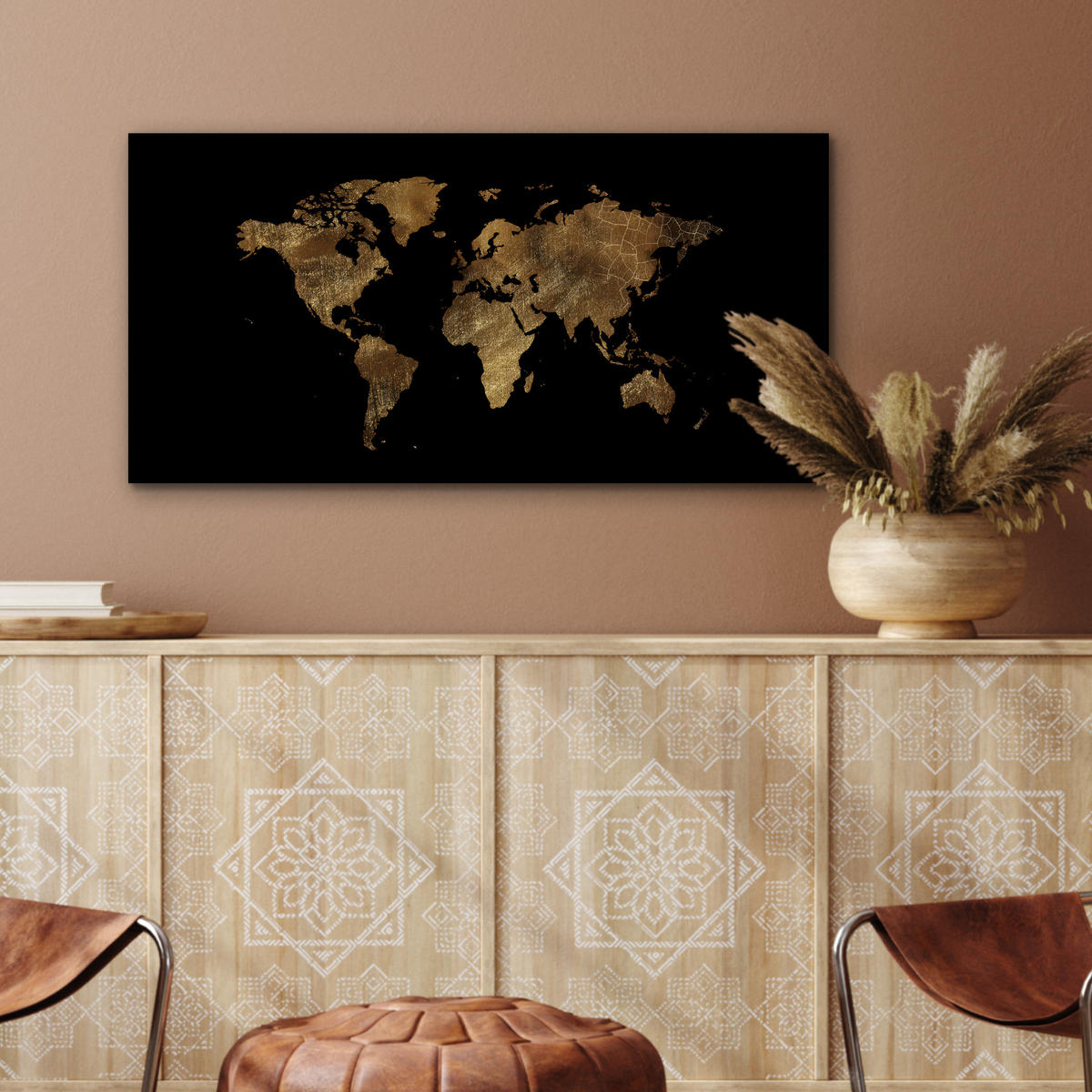 KOVOVÝ OBRAZ Mapa sveta - Zlato - Luxus - Zem - Čierna 80x40 cm - zlatá, kov (80/40cm) - MuchoWow