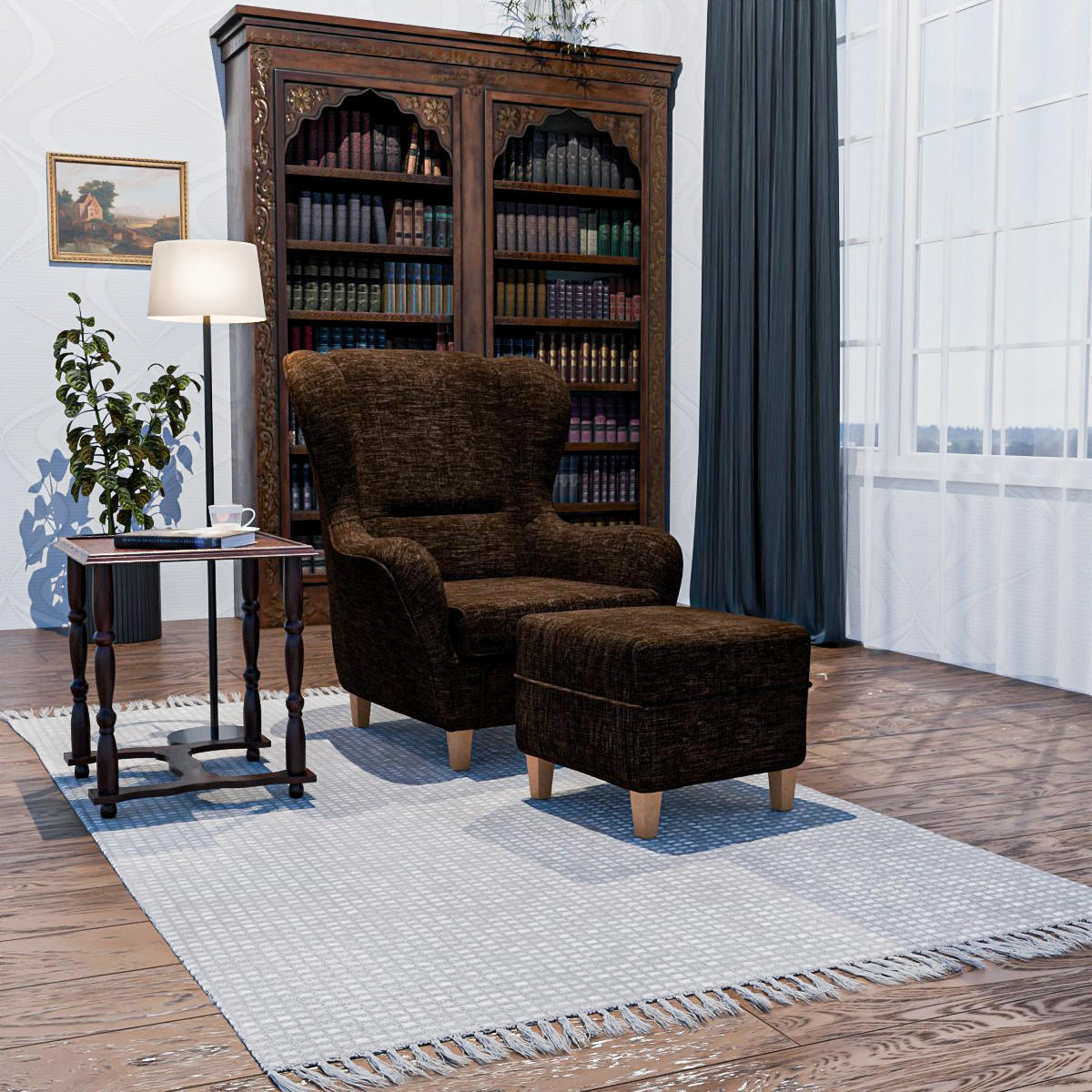 OHRENSESSEL Sofia, Relaxsessel mit Hocker | Design Vienna Mocca - Nussbaumfarben, Textil (92/68/95cm) - Supellex