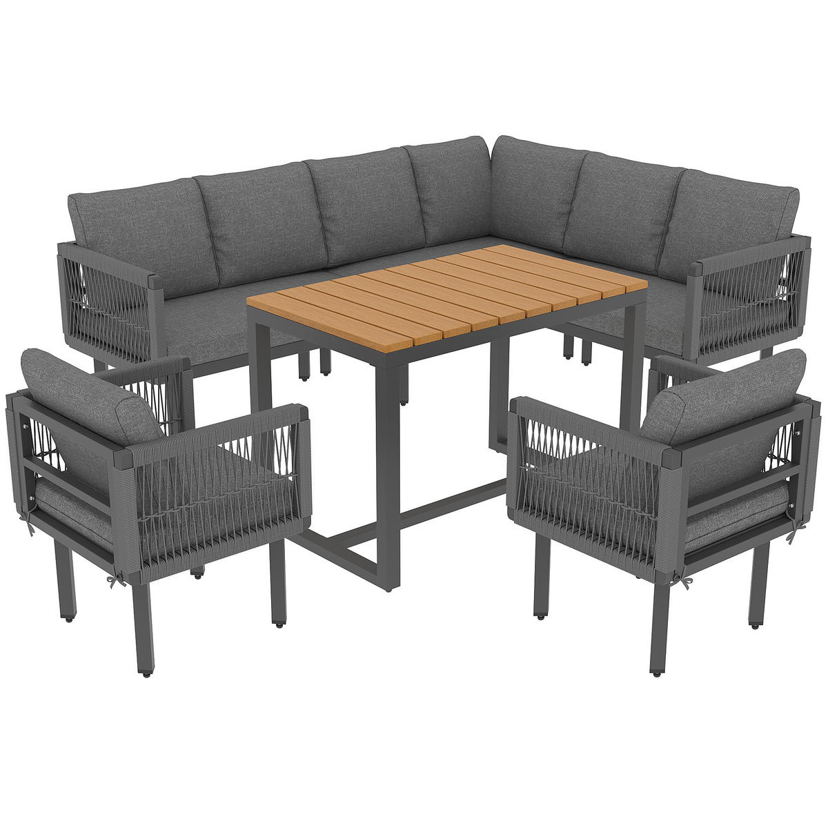 GARTENMÖBEL-SET 6-teiliges, Ecksofa mit 2 Sesseln & Tisch, wetterfestes Stahlgestell, Grey - Grau, Textil - Kaket