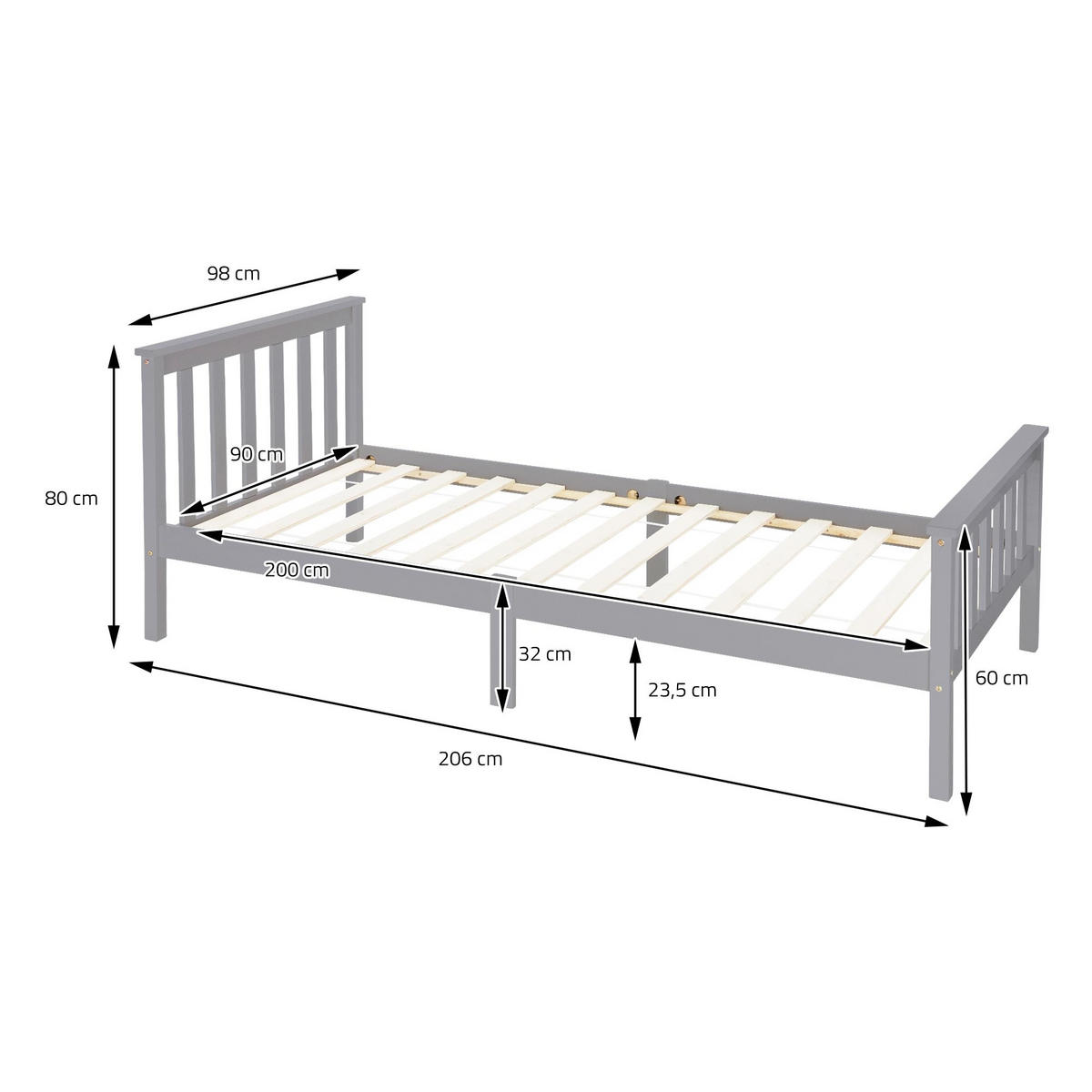 BETTGESTELL 206/98/80 cm - Hellgrau, Holz (90/200cm) - ML-DESIGN
