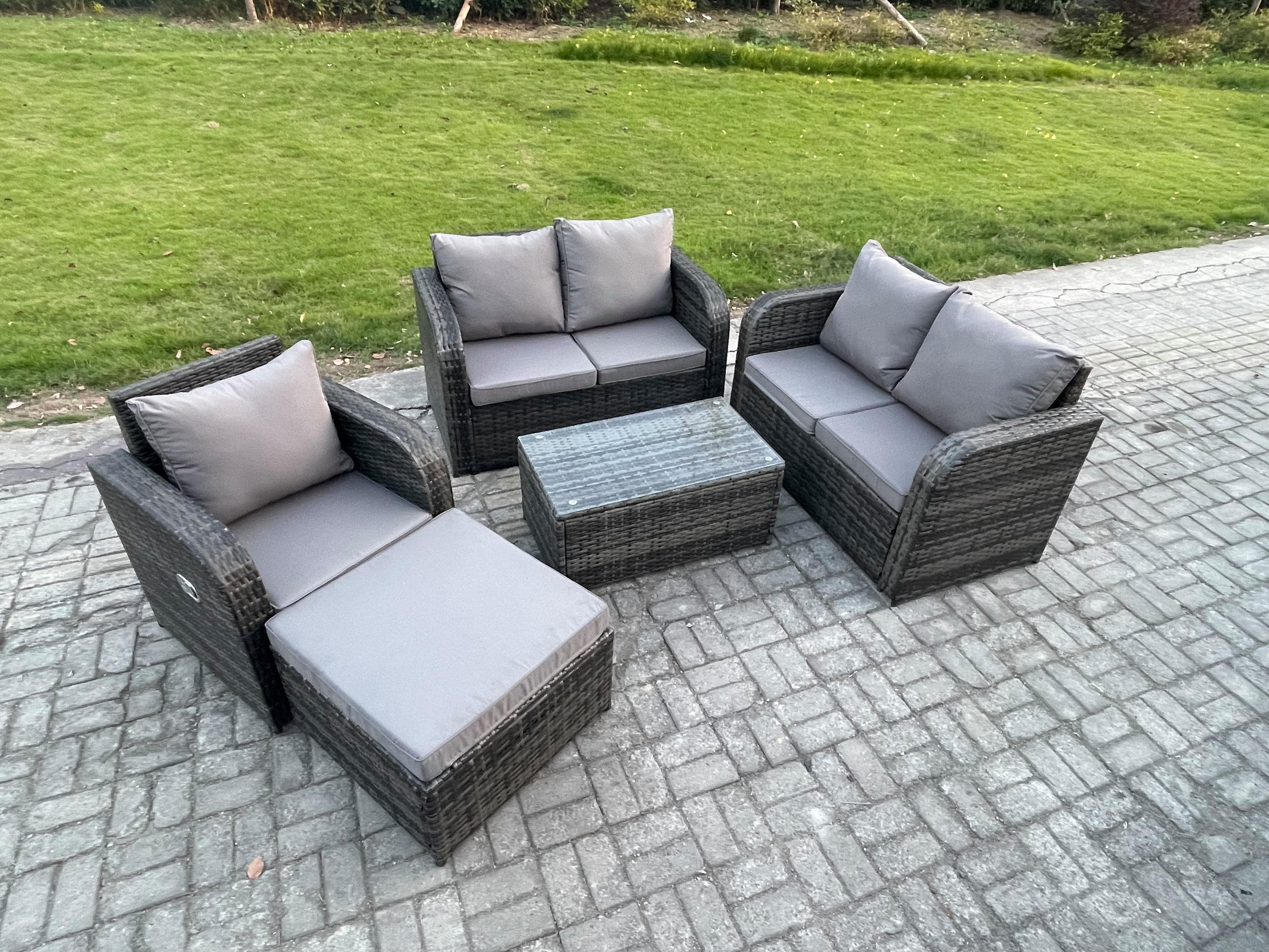 LOUNGESOFA-SET Polyrattan Dunkelgrau 6-Sitzer - Dunkelgrau, Metall - Fimous