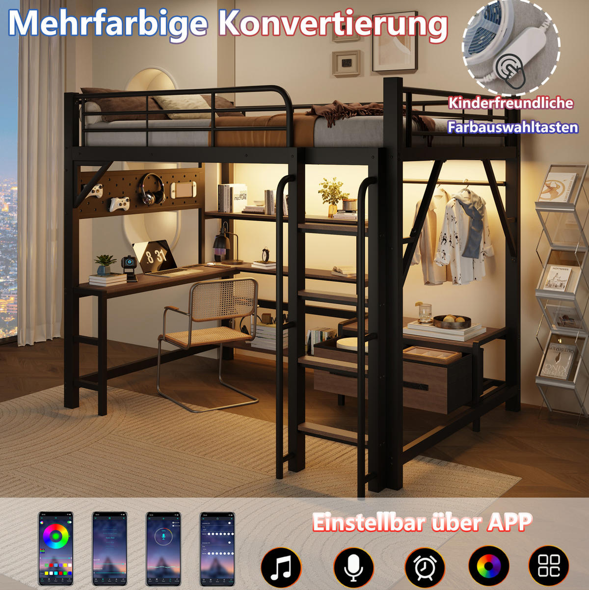 HOCHBETT aus Metall und MDF 140x200 cm Schwarz mit Schreibtisch, LED-Lichtleiste, USB und Stauraum - Schwarz, Holzwerkstoff (140/200cm) - Modfu