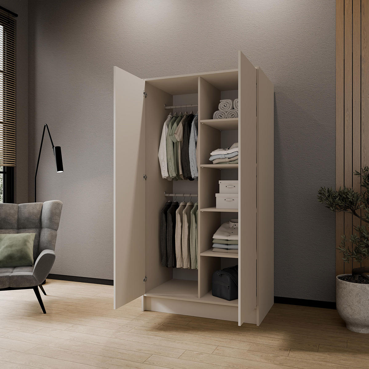 DREHTÜRENSCHRANK Gava mit zwei, glatten Türen, Kaschmir - Kaschmir, Holzwerkstoff (100/200/51cm) - Beautysofa