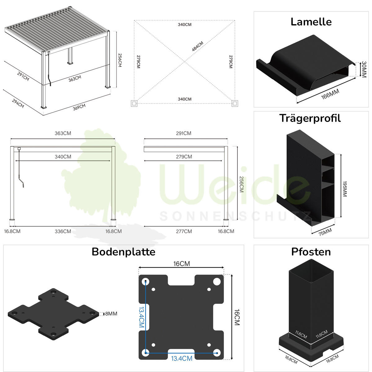 WANDPERGOLA Deluxe Terrassenüberdachung Aluminium 3 x 3,6 m anthrazit - Anthrazit, Metall (300/255/360cm) - WEIDE