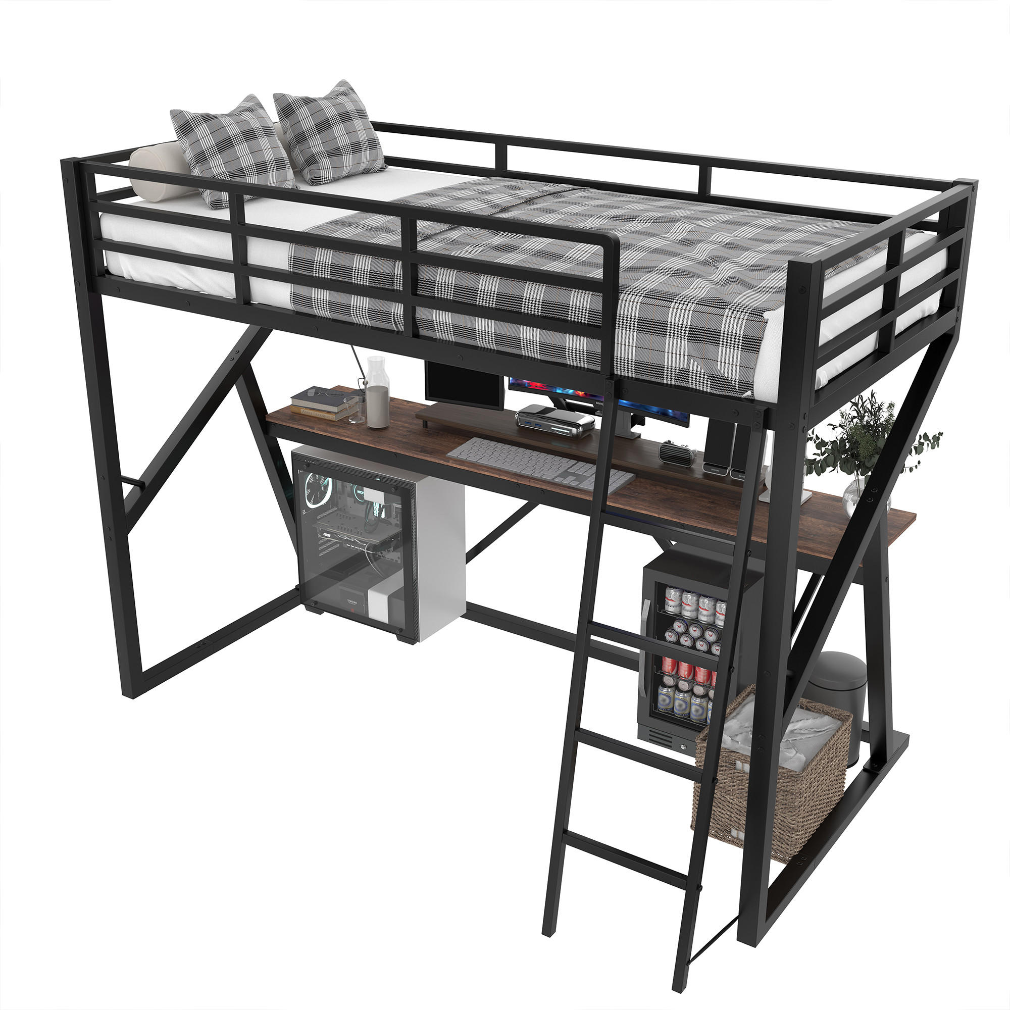 HOCHBETT 90/200 cm Schwarz mit LED-Beleuchtung und Schreibtisch aus Metall - Schwarz, Metall (90/200cm) - OKWISH