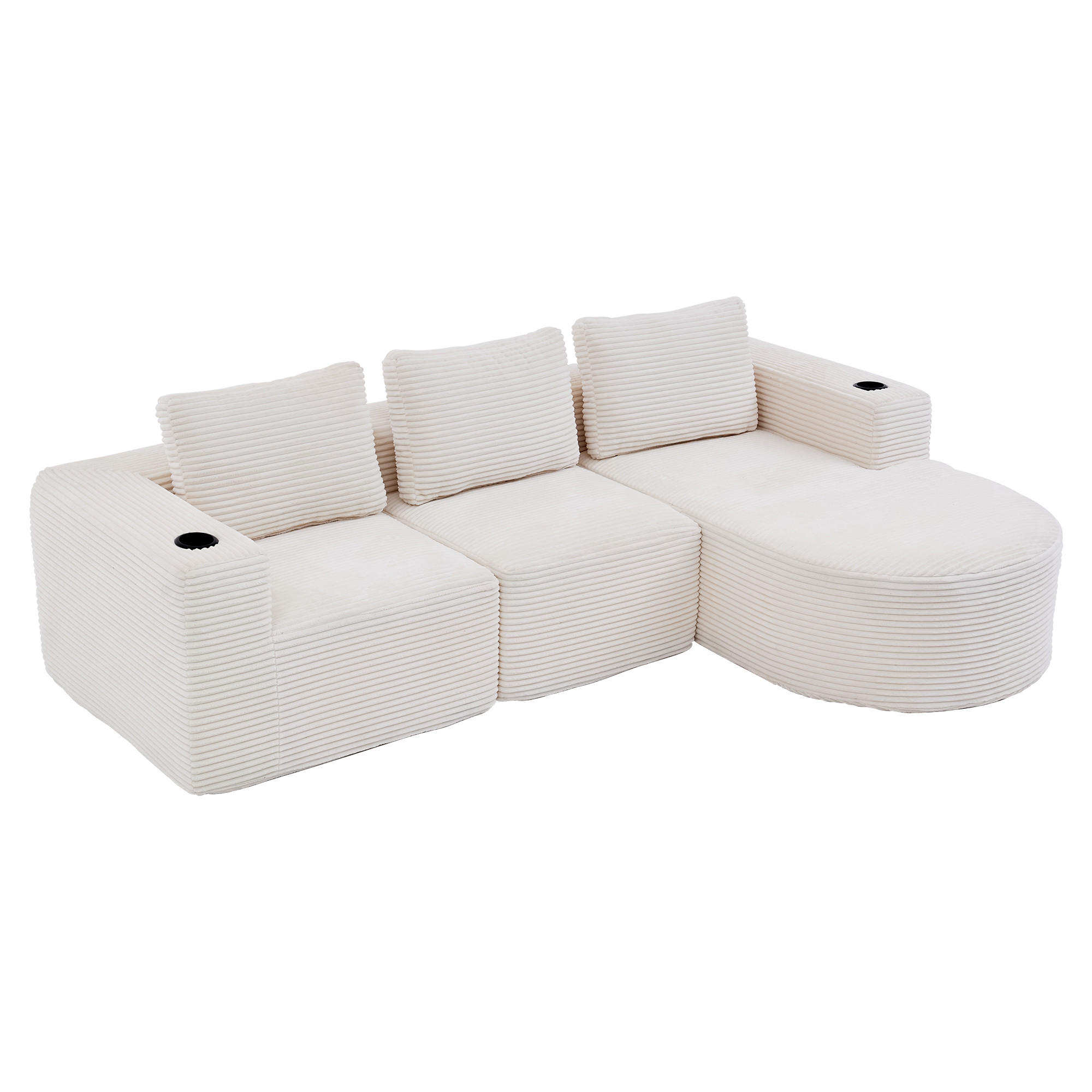 2-SITZER ECKSOFA Cord Beige mit Kissen und Becherhalter - Beige, Textil (265/176cm) - WISHDOR