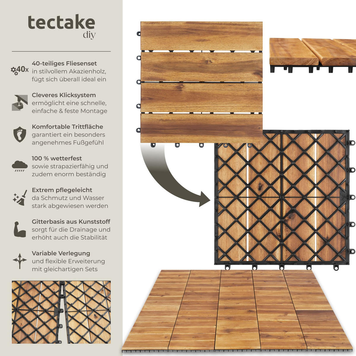 TERRASSENFLIESEN Tabula 40er Set, 31 x 31 x 2,2 cm, braun - Braun, Holz (31/31/2.2cm) - tectake