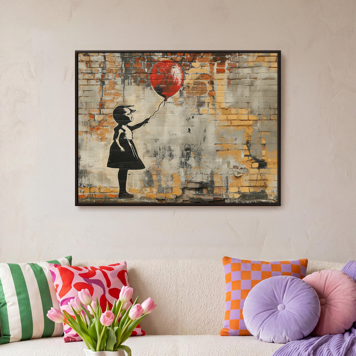 LEINWAND Bilder mit Rahmen - Graffiti - Banksy - Mädchen - Straßenkunst - 70x50 - Sandfarben, Textil (70/50cm) - MuchoWow