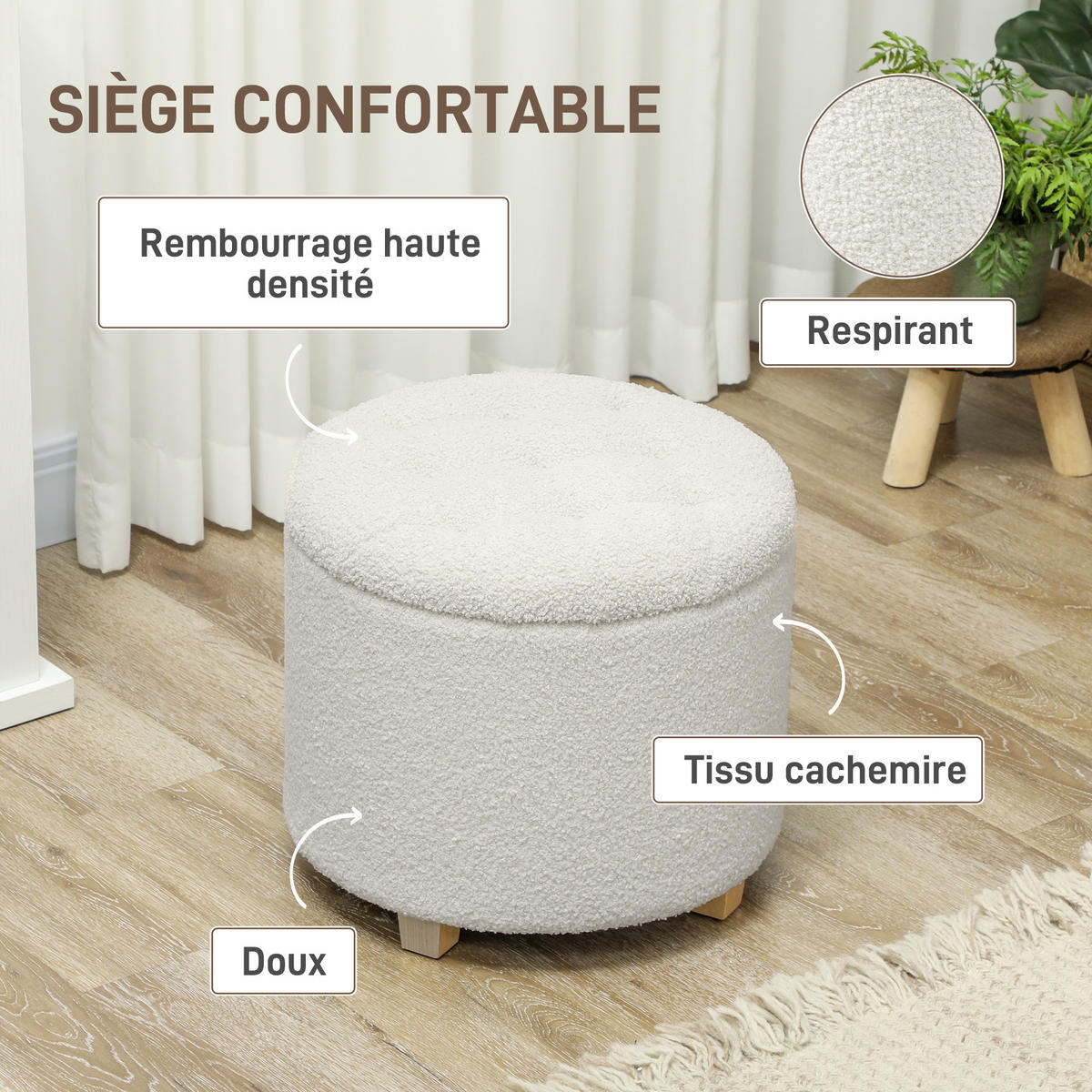 POUF DE-16423 rund mit Stauraum und Bouclé-Bezug Weiß - Weiß, Textil (45/41/45cm) - ComfortXL