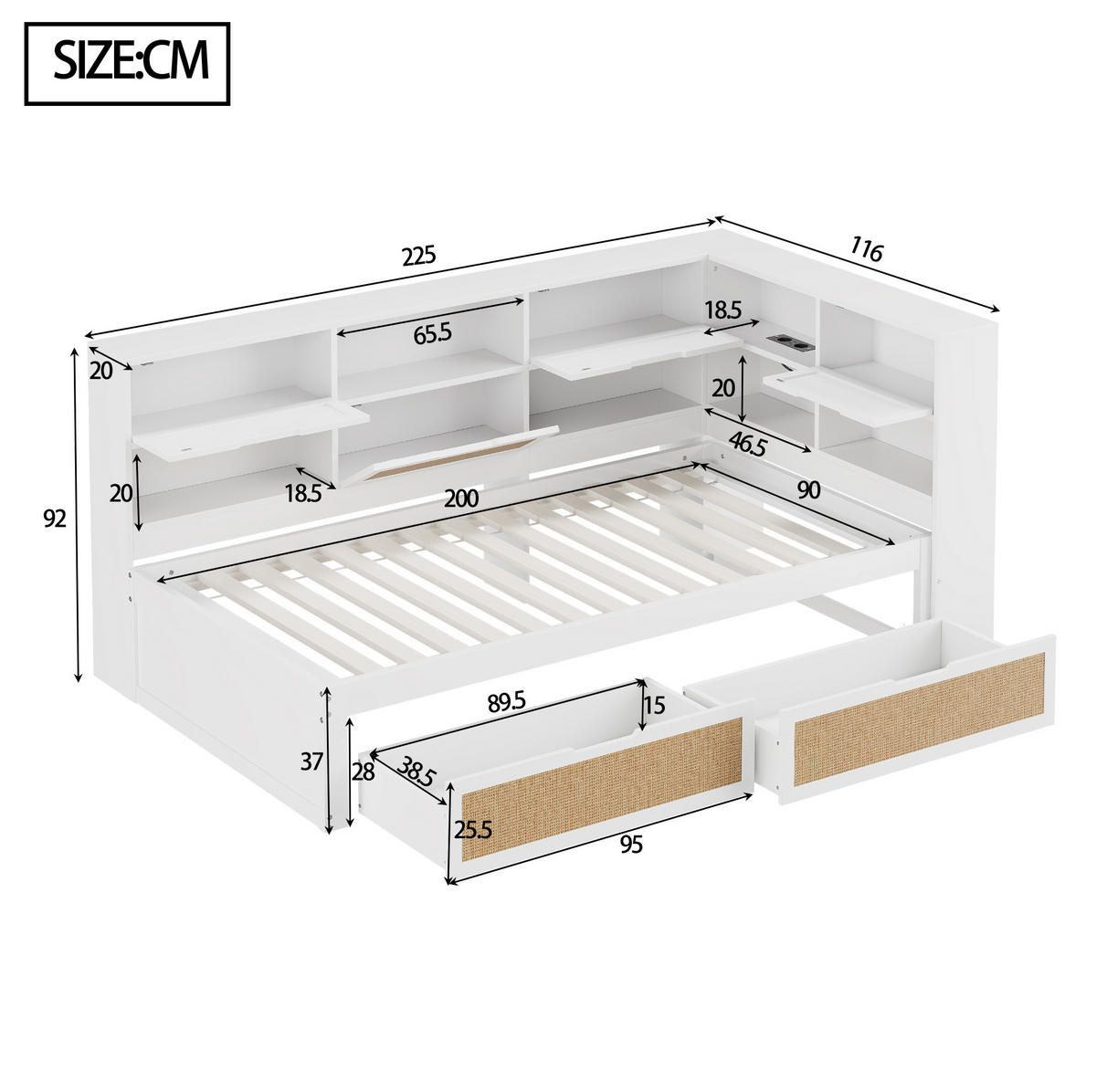 SCHLAFSOFA 90/200 cm mit USB-Anschluss, Stauraumfächern und 2 Schubladen, Weiß - Weiß, Holz (225/92/116cm) - Redom