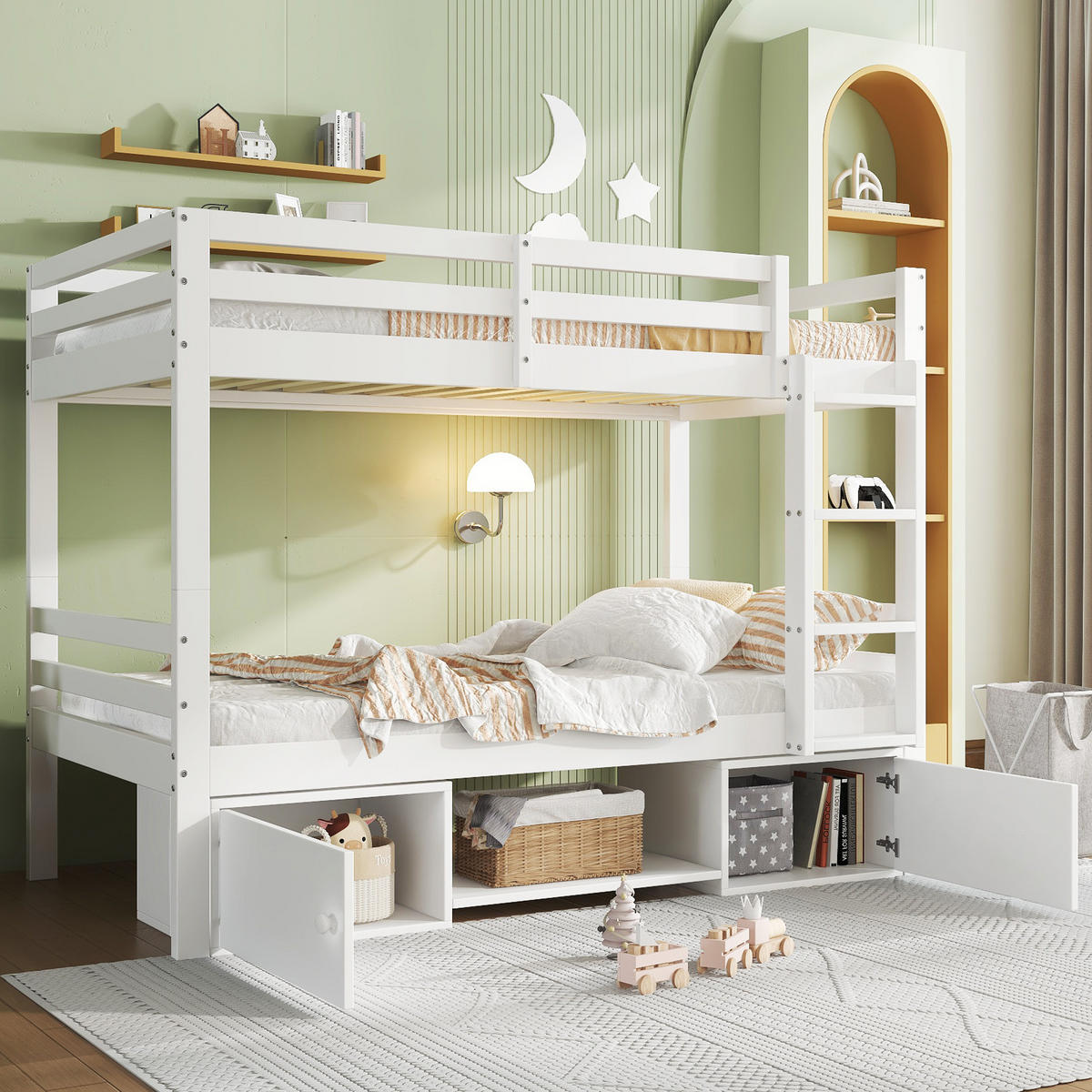 ETAGENBETT aus Massivholz und MDF 90x200 cm in Weiß mit Regalen & Schließfächern - Weiß, Holzwerkstoff (90/200cm) - Modfu