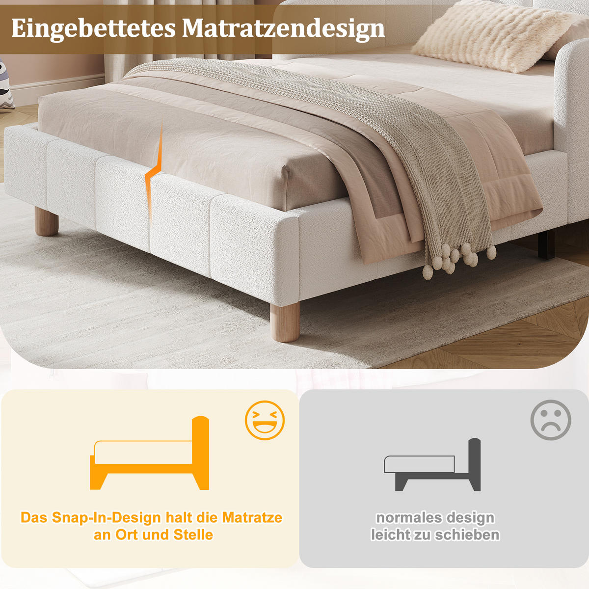 KINDERBETT 90/200 cm in Beige Stoff mit Rausfallschutz und Taschen - Beige, Holzwerkstoff/Textil (90/200cm) - WISHDOR