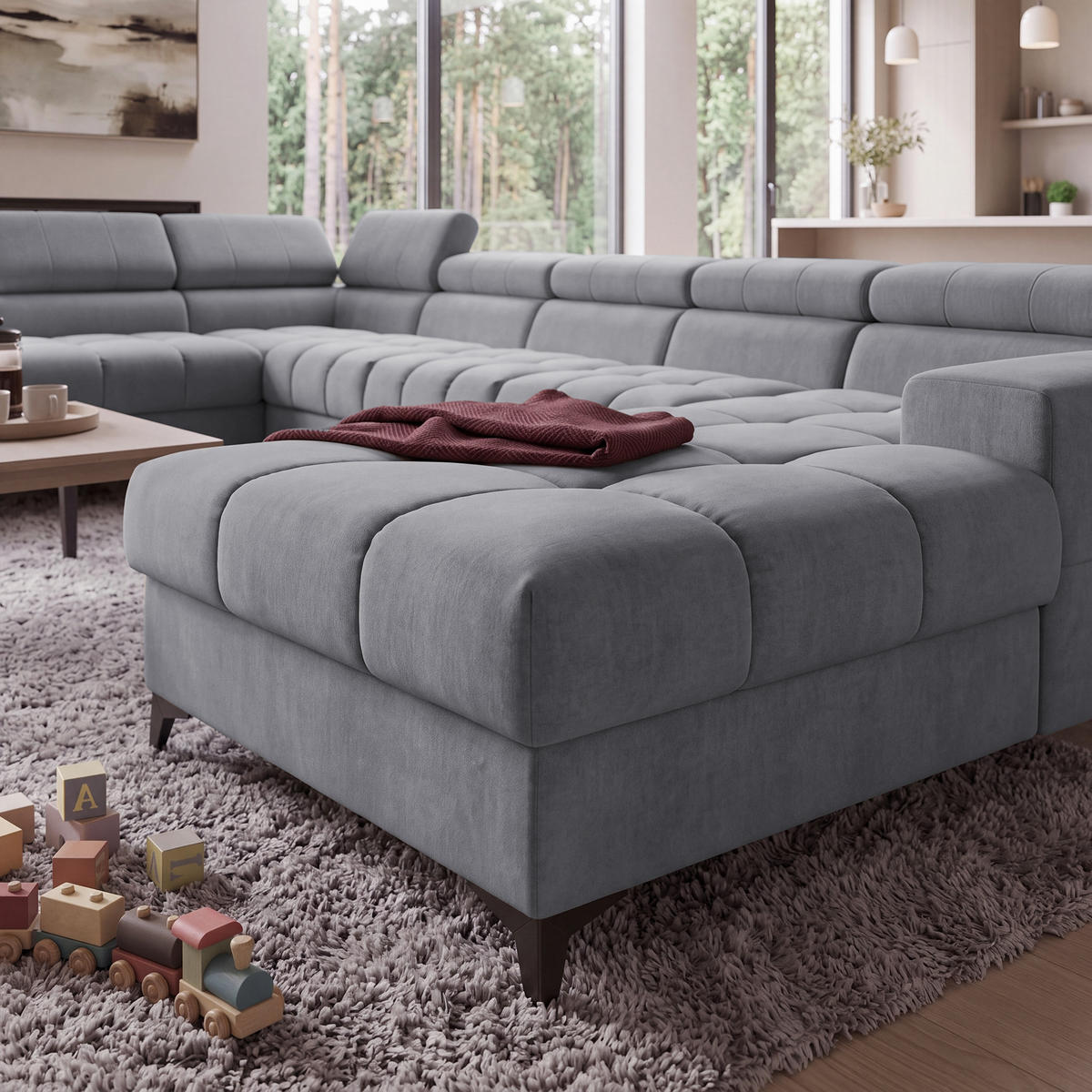 ECKSOFA PUDDING MAXI U Links mit Schlaffunktion 125x330 Velours Dunkelgrau - Dunkelgrau/Schwarz, Holz/Textil (203/421cm) - Muffo