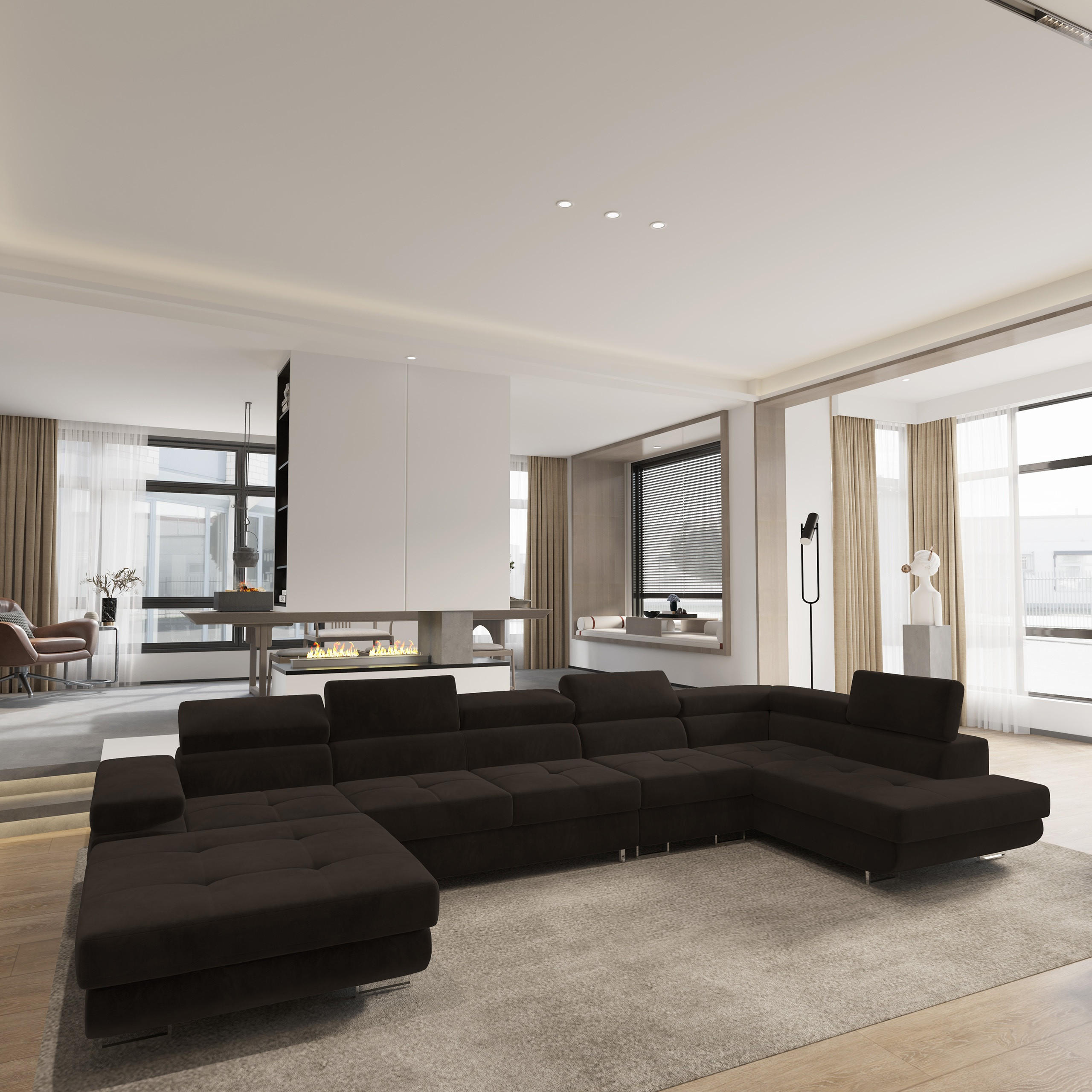WOHNLANDSCHAFT VELORA R-S Braun Velours-Stoff mit Schlaffunktion - Braun, Holz (419/90/202cm) - MASSENO